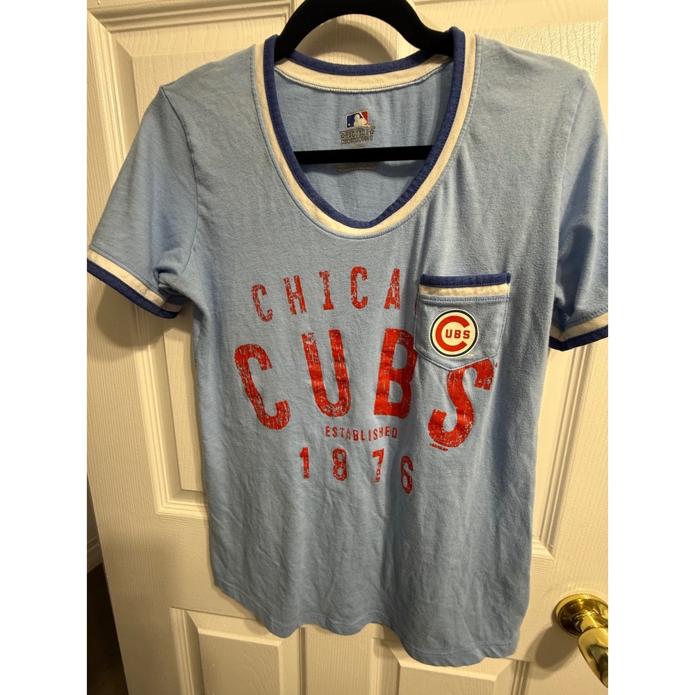 MLB Chicago Cubs Womens Ringer T-Shirt Light Blue Pocket Tee Medium 1876 Graphic